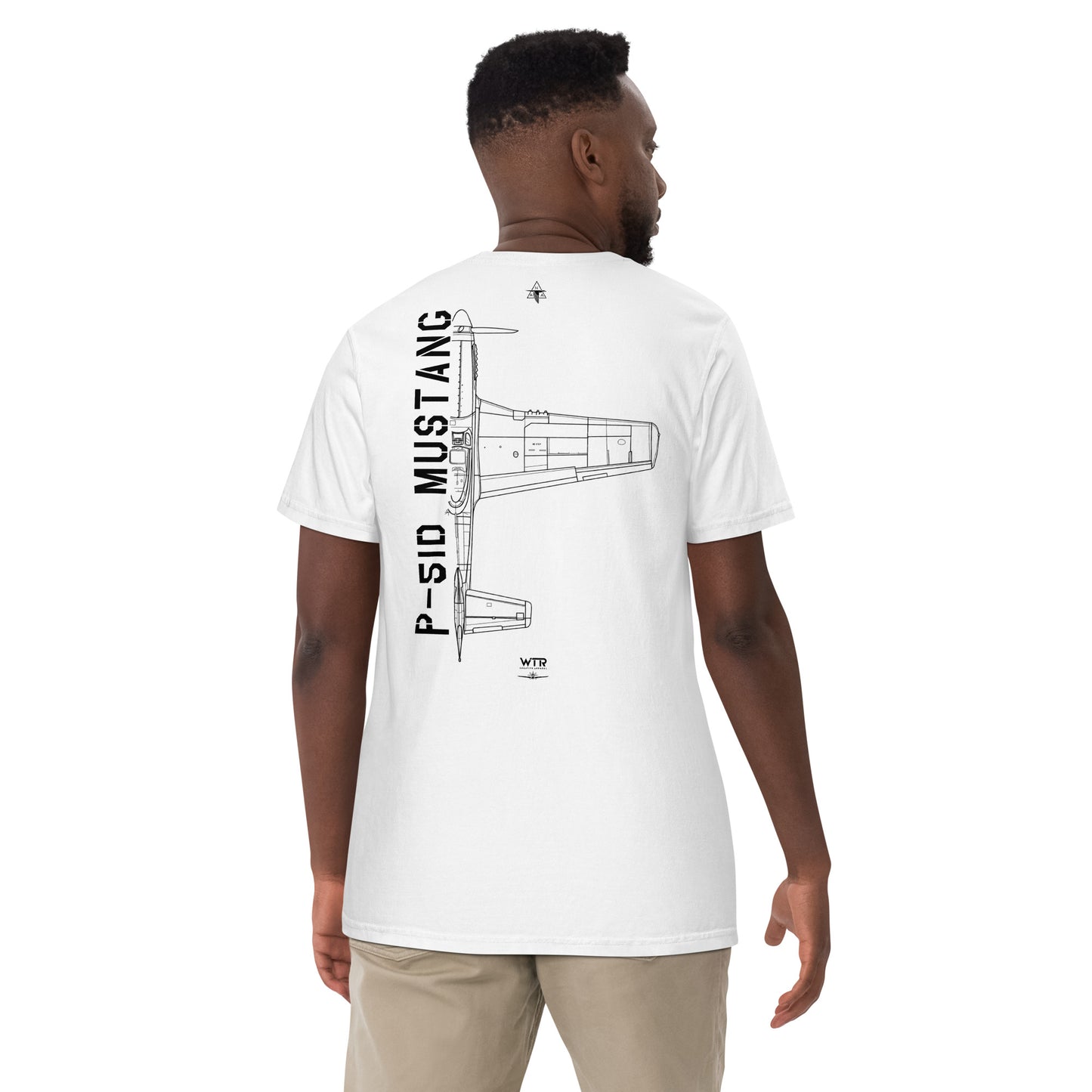Hand-drawn technical schematic of the North American P-51D Mustang WWII fighter printed on a standard t-shirt.