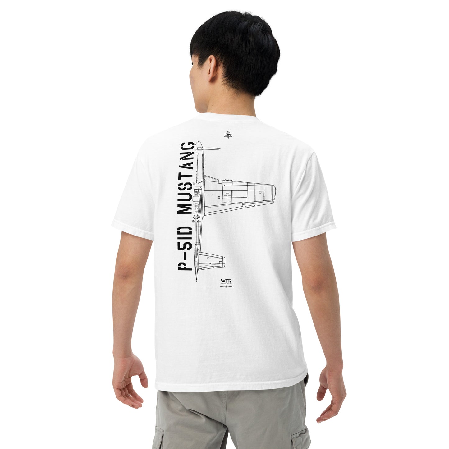 Hand-drawn technical schematic of the North American P-51D Mustang WWII fighter printed on a standard t-shirt.