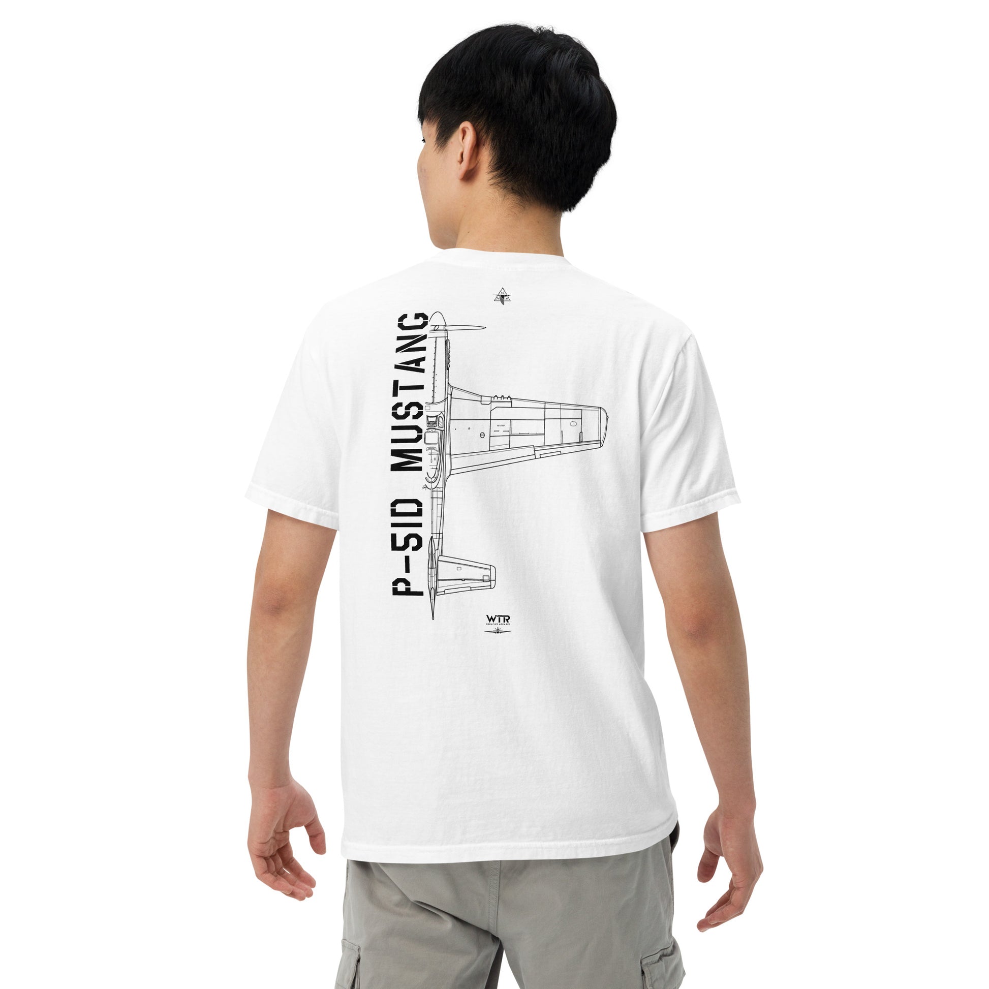Hand-drawn technical schematic of the North American P-51D Mustang WWII fighter printed on a standard t-shirt.