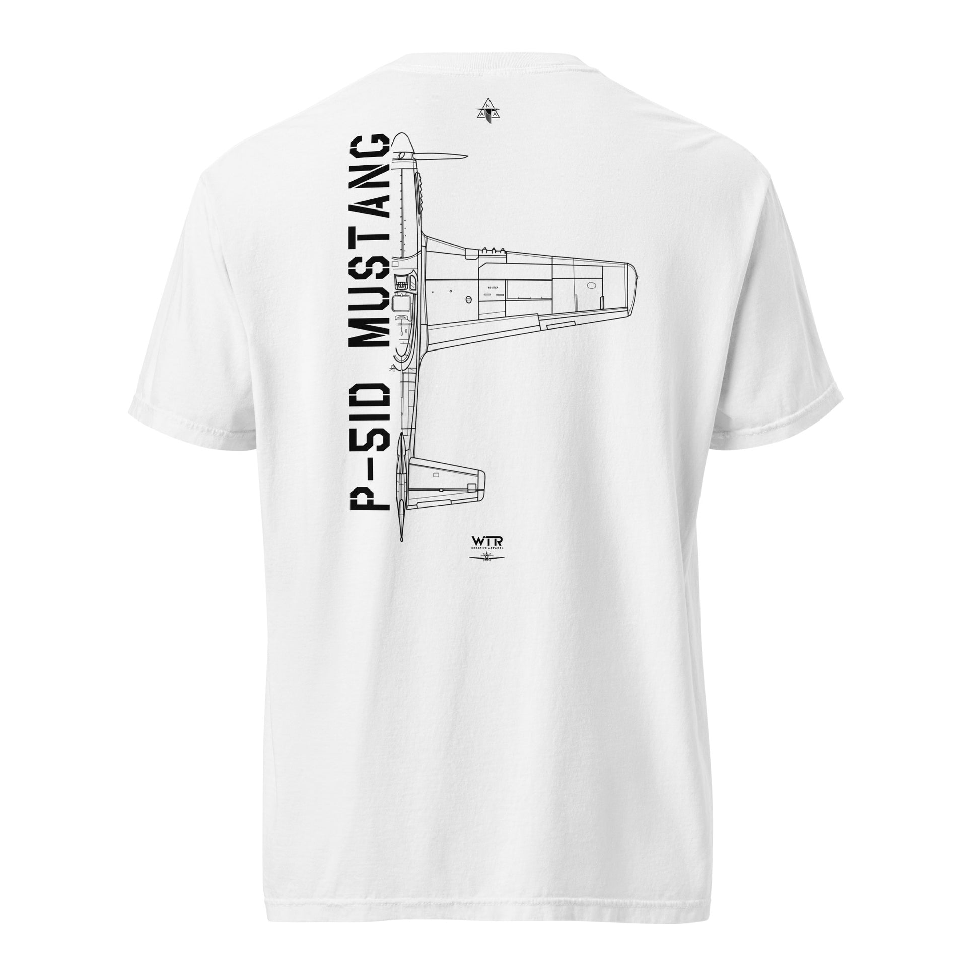 Hand-drawn technical schematic of the North American P-51D Mustang WWII fighter printed on a standard t-shirt.