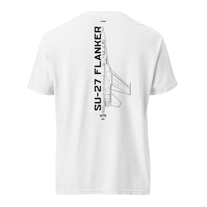 Hand-drawn technical schematic of the Sukhoi SU-27 Flanker supermaneuverable fighter on a standard t-shirt.