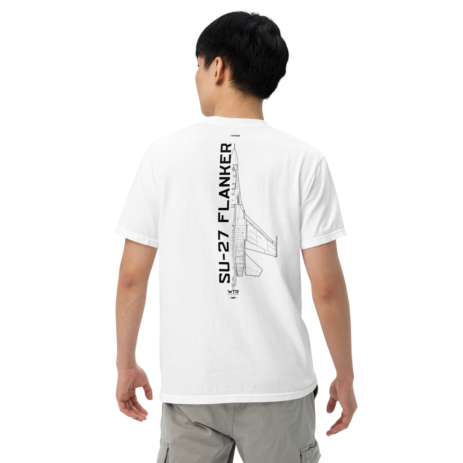 Hand-drawn technical schematic of the Sukhoi SU-27 Flanker supermaneuverable fighter on a standard t-shirt.