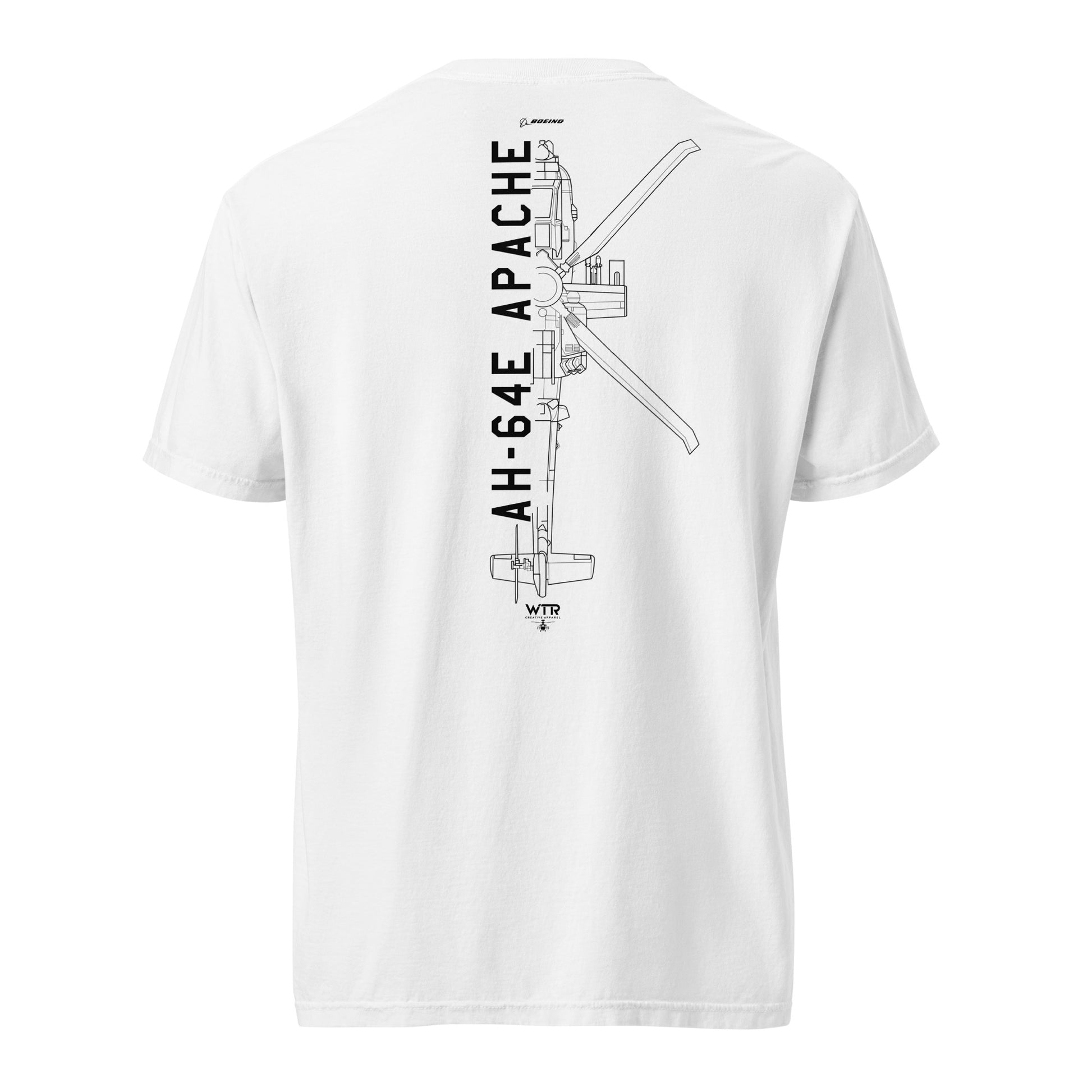 BOEING AH-64E APACHE GUARDIAN — hand-drawn attack helicopter artwork printed on standard T-shirt.
