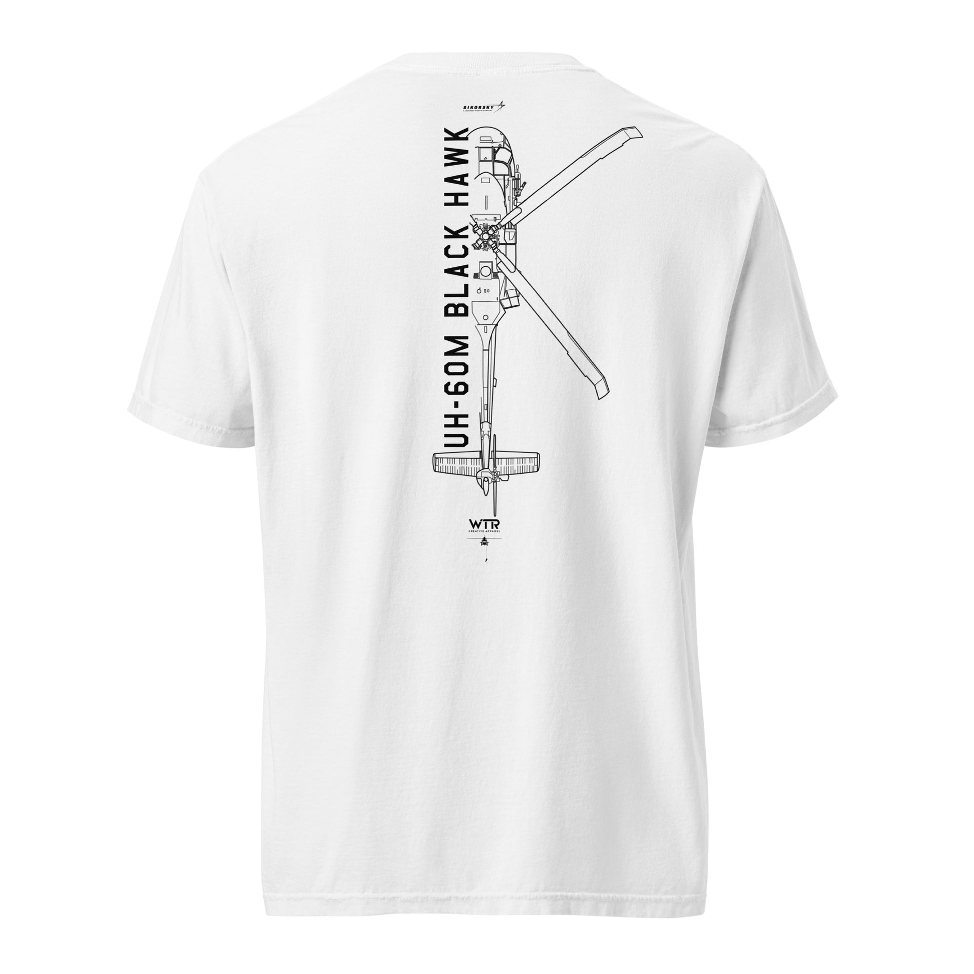 Hand-drawn technical schematic of the Sikorsky UH-60M Black Hawk military helicopter on a standard t-shirt.
