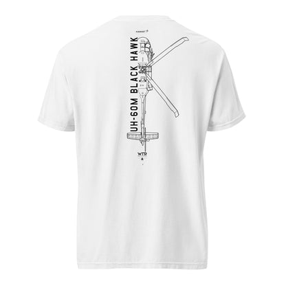 Hand-drawn technical schematic of the Sikorsky UH-60M Black Hawk military helicopter on a standard t-shirt.