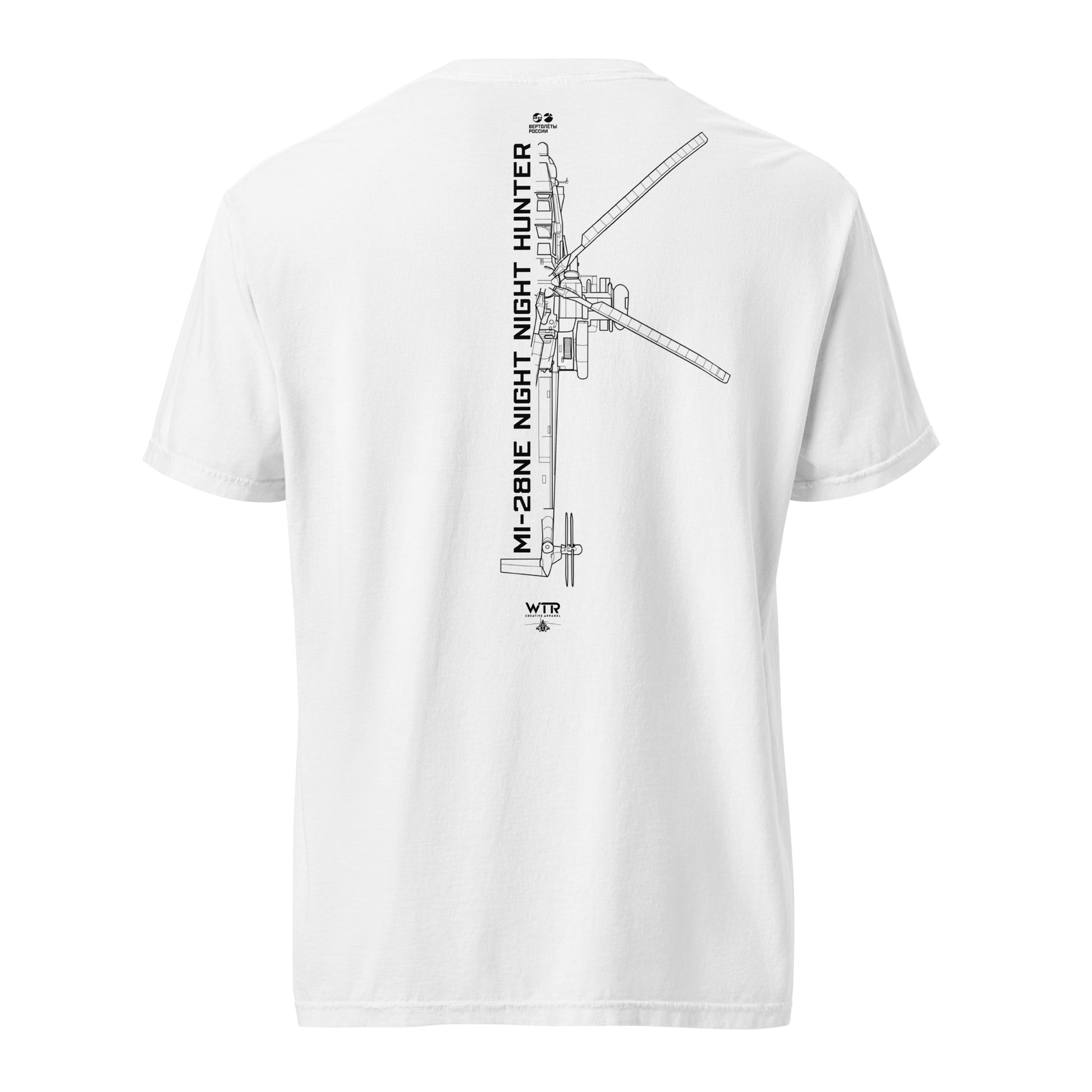 Hand-drawn technical schematic of the Mil Mi-28NE Night Hunter attack helicopter printed on a standard t-shirt.