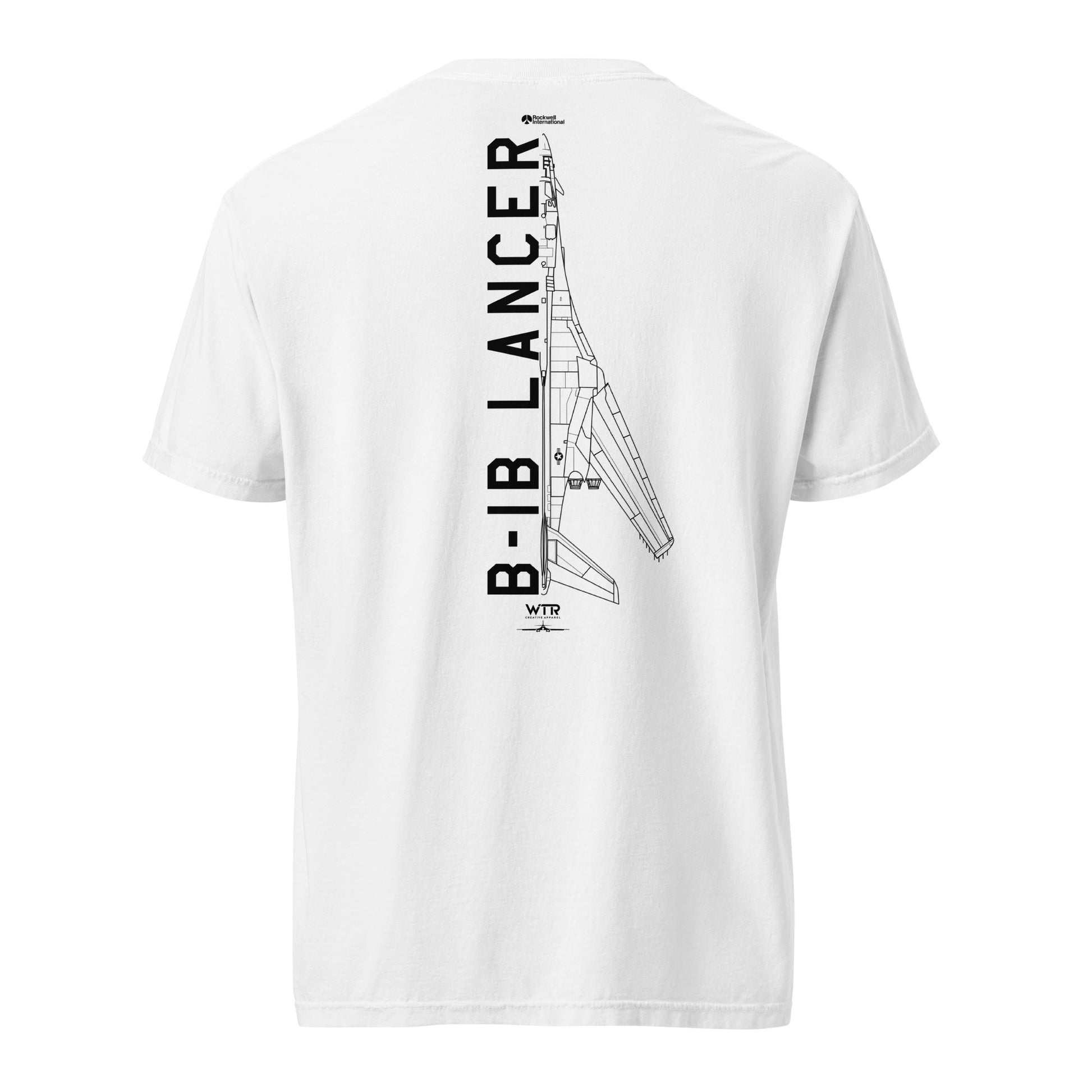 Hand-drawn technical schematic of the Rockwell B-1B Lancer BONE strategic bomber on a standard t-shirt.