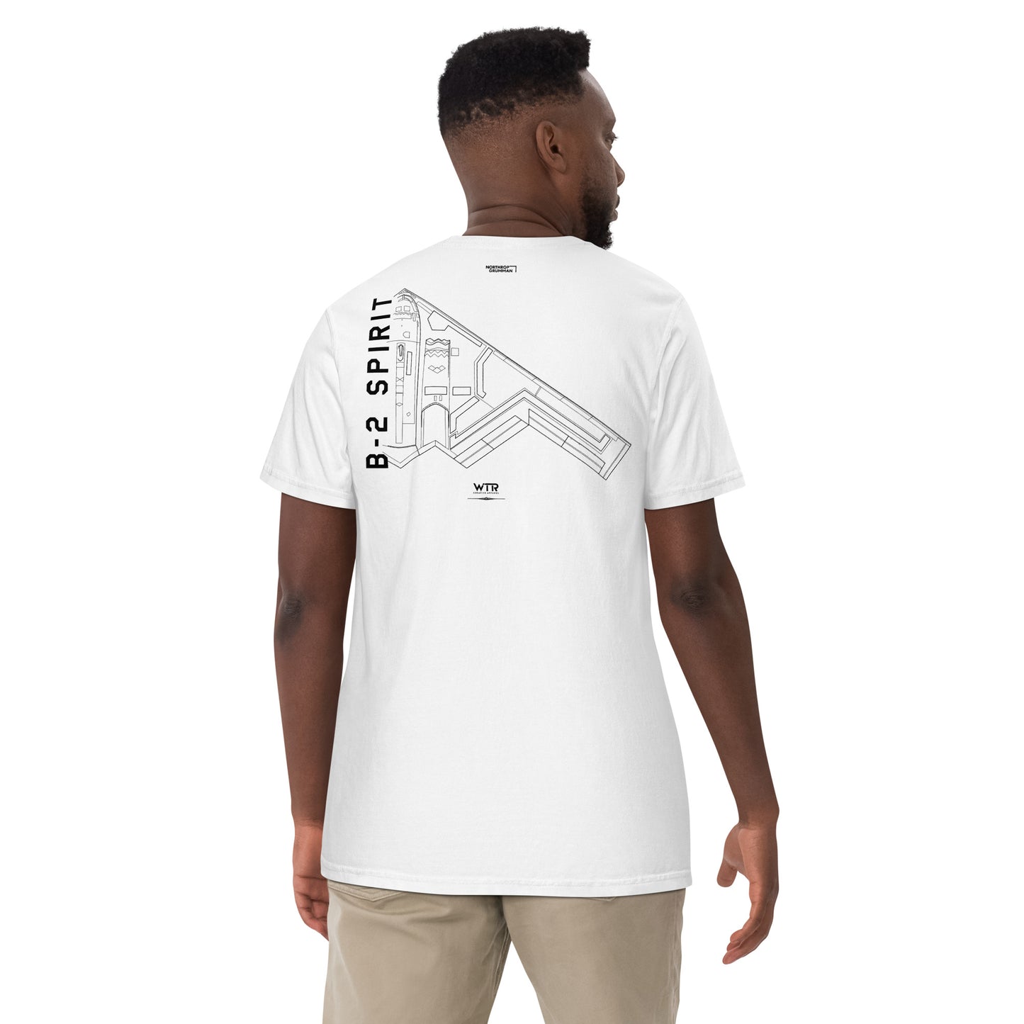 Hand-drawn technical schematic of the Northrop Grumman B-2 Spirit stealth bomber printed on a standard t-shirt.