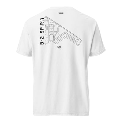 Hand-drawn technical schematic of the Northrop Grumman B-2 Spirit stealth bomber printed on a standard t-shirt.