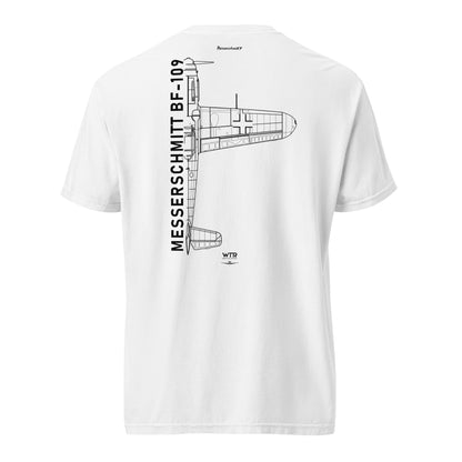 Hand-drawn schematic of the MESSERSCHMITT BF-109 printed on a standard T-shirt.