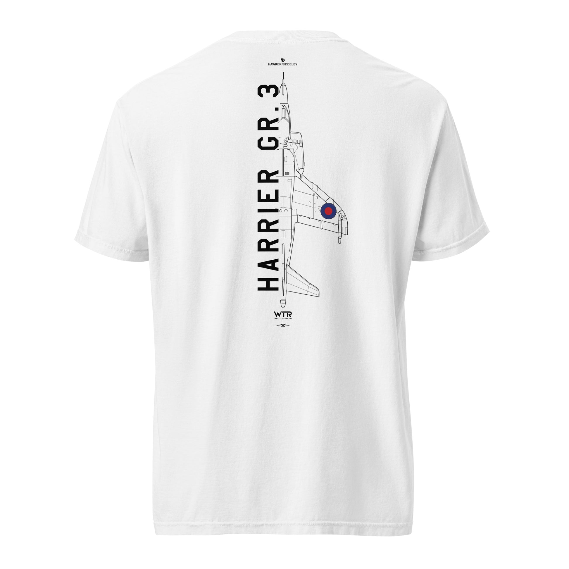 HAWKER HARRIER GR.3 - VERTICAL TAKE-OFF FIGHTER — hand-drawn artwork printed on standard T-shirt.