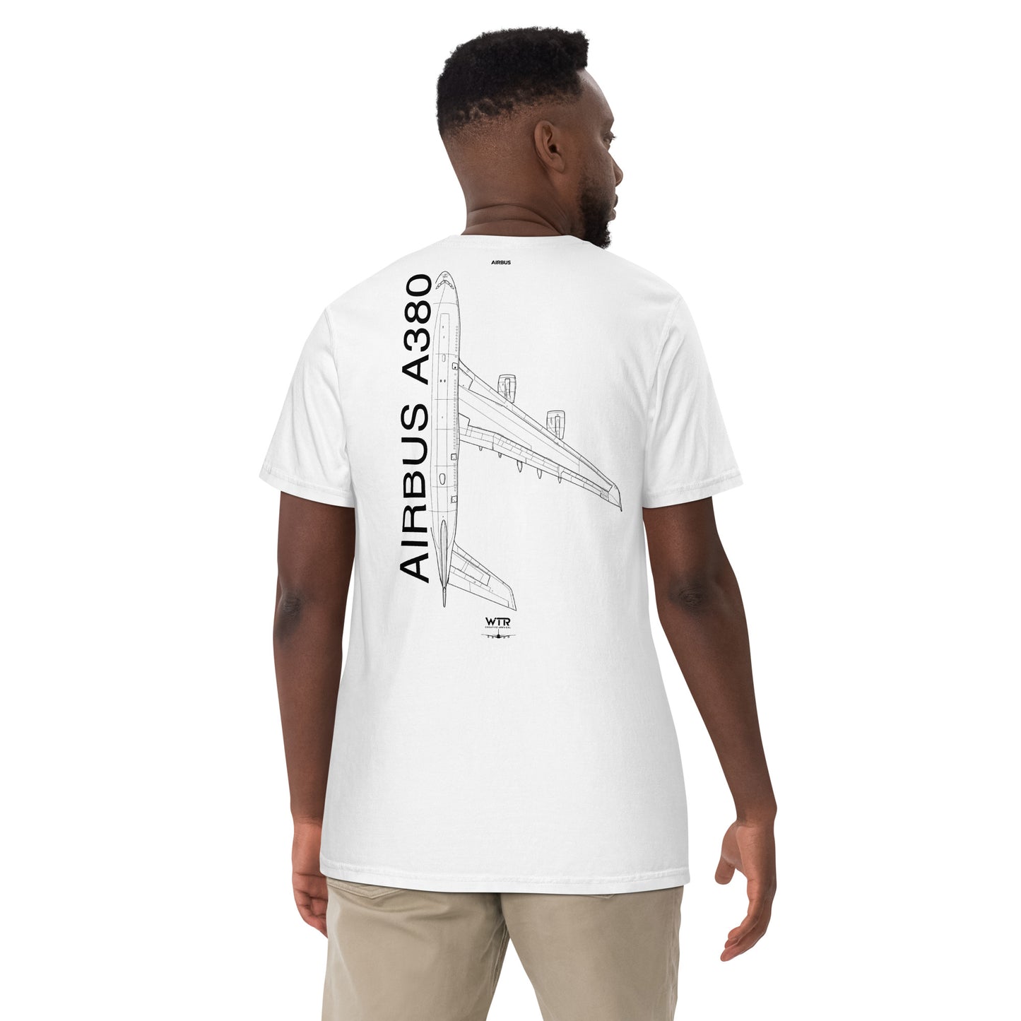 Hand-drawn schematic of the AIRBUS A380 SUPERJUMBO printed on a standard T-shirt.