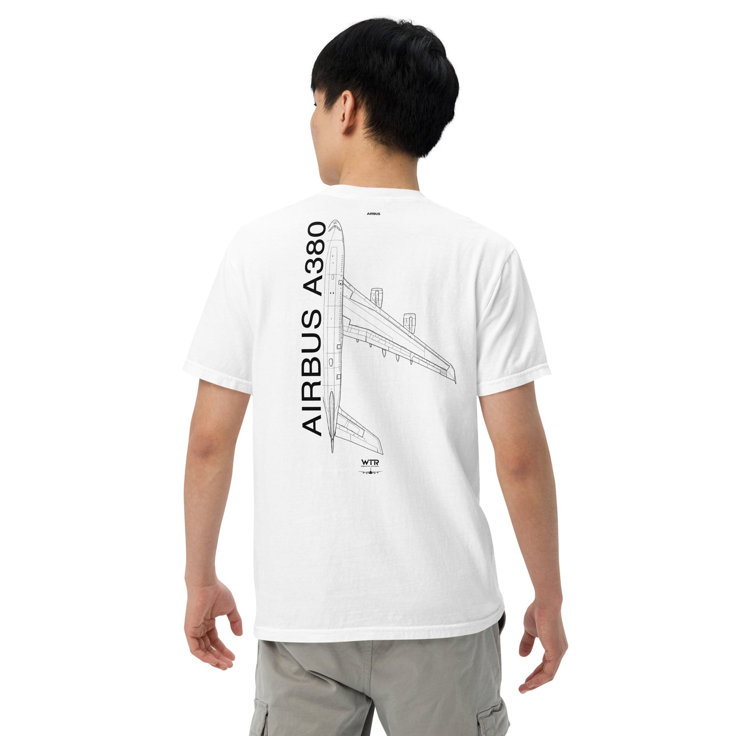 Hand-drawn schematic of the AIRBUS A380 SUPERJUMBO printed on a standard T-shirt.