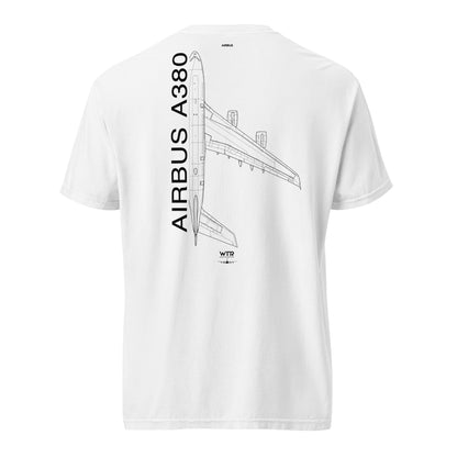 Hand-drawn schematic of the AIRBUS A380 SUPERJUMBO printed on a standard T-shirt.