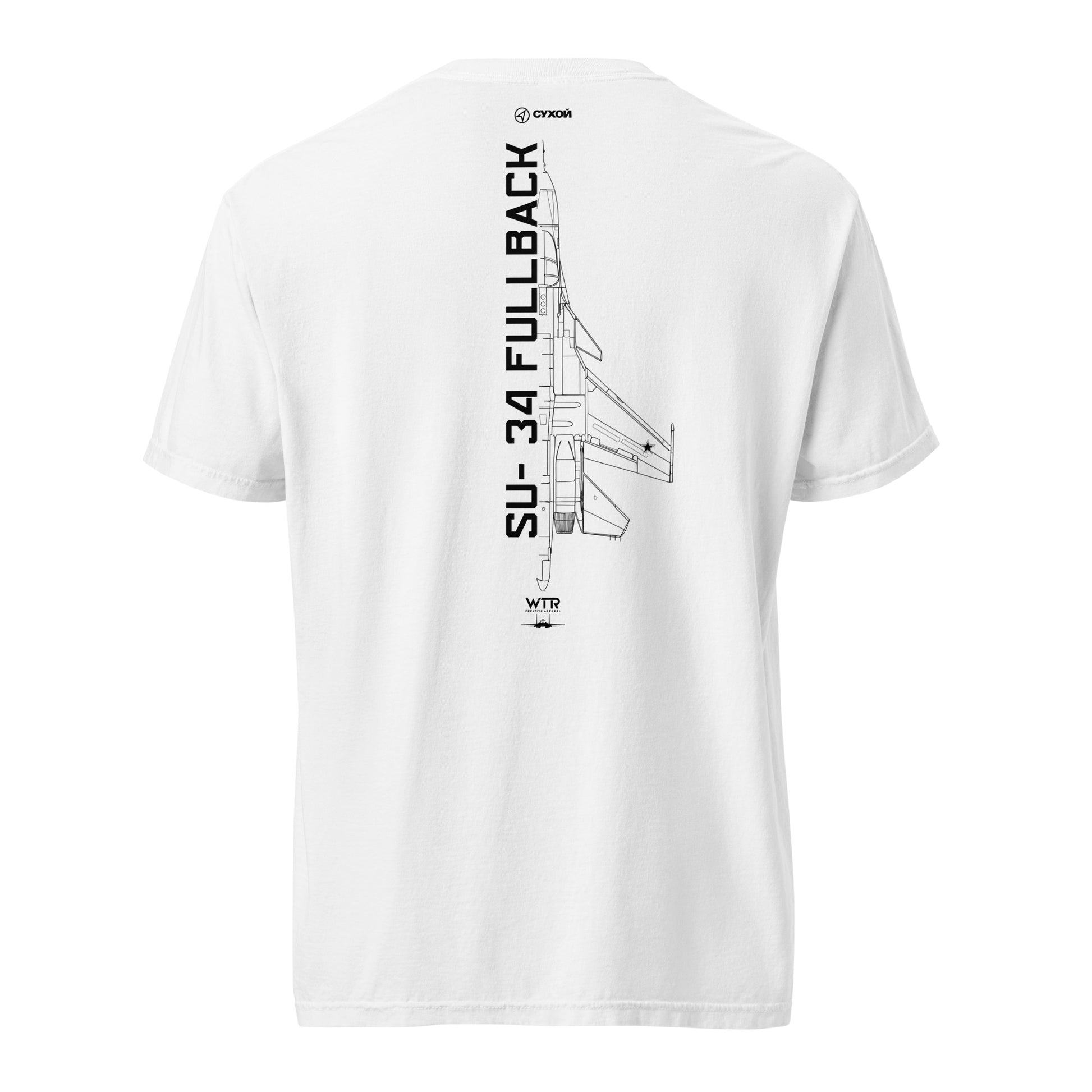Hand-drawn technical schematic of the Sukhoi SU-34 Fullback fighter-bomber printed on a standard t-shirt.