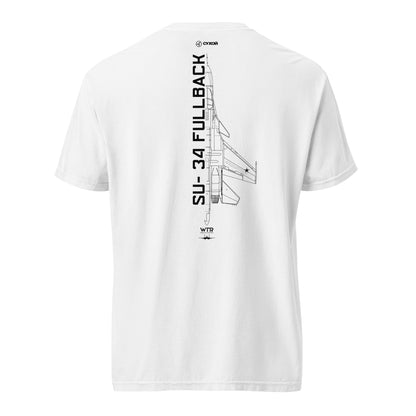 Hand-drawn technical schematic of the Sukhoi SU-34 Fullback fighter-bomber printed on a standard t-shirt.