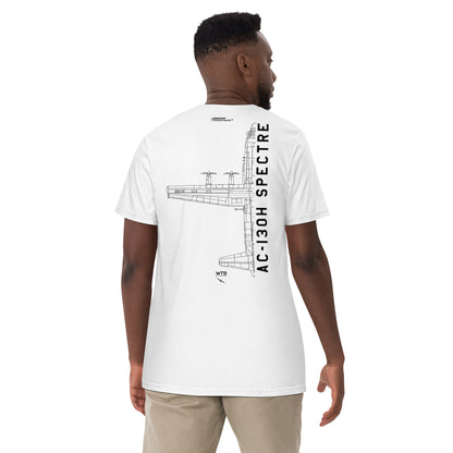 Hand-drawn schematic of the LOCKHEED MARTIN AC-130H SPECTRE GUNSHIP printed on a standard T-shirt.