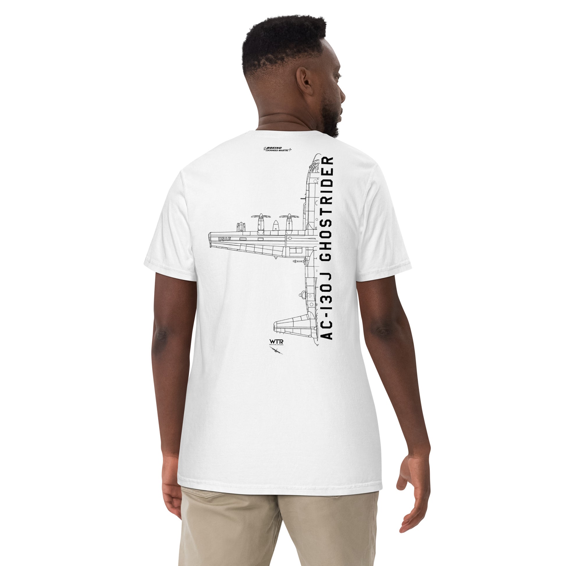 LOCKHEED MARTIN AC-130J GHOSTRIDER GUNSHIP — hand-drawn artwork printed on standard T-shirt.