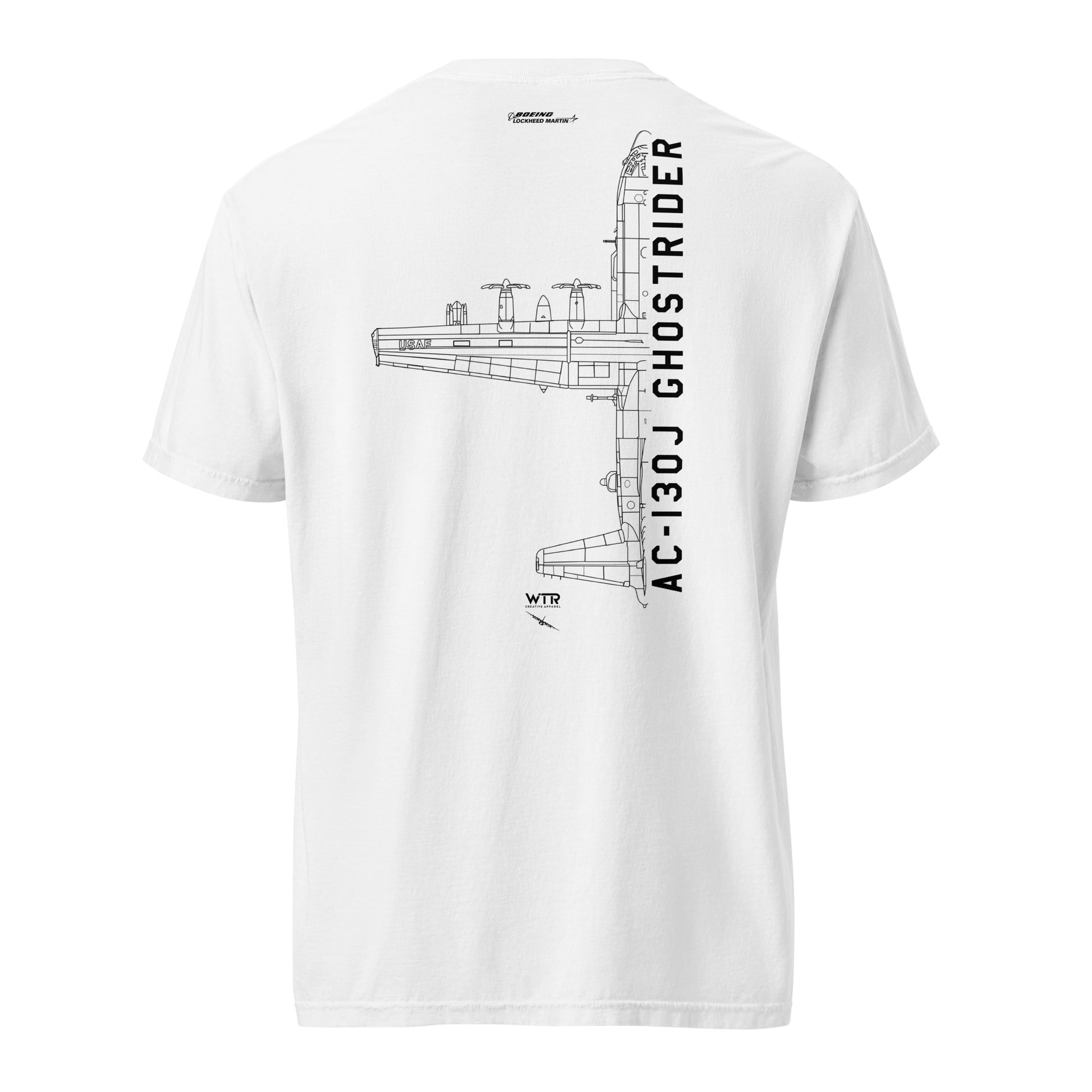 LOCKHEED MARTIN AC-130J GHOSTRIDER GUNSHIP — hand-drawn artwork printed on standard T-shirt.