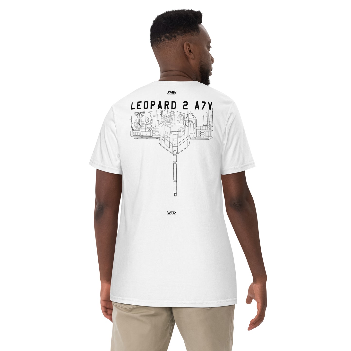 Hand-drawn schematic of the KRAUSS-MAFFEI LEOPARD 2 A7V TANK printed on a standard T-shirt.