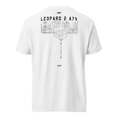 Hand-drawn schematic of the KRAUSS-MAFFEI LEOPARD 2 A7V TANK printed on a standard T-shirt.