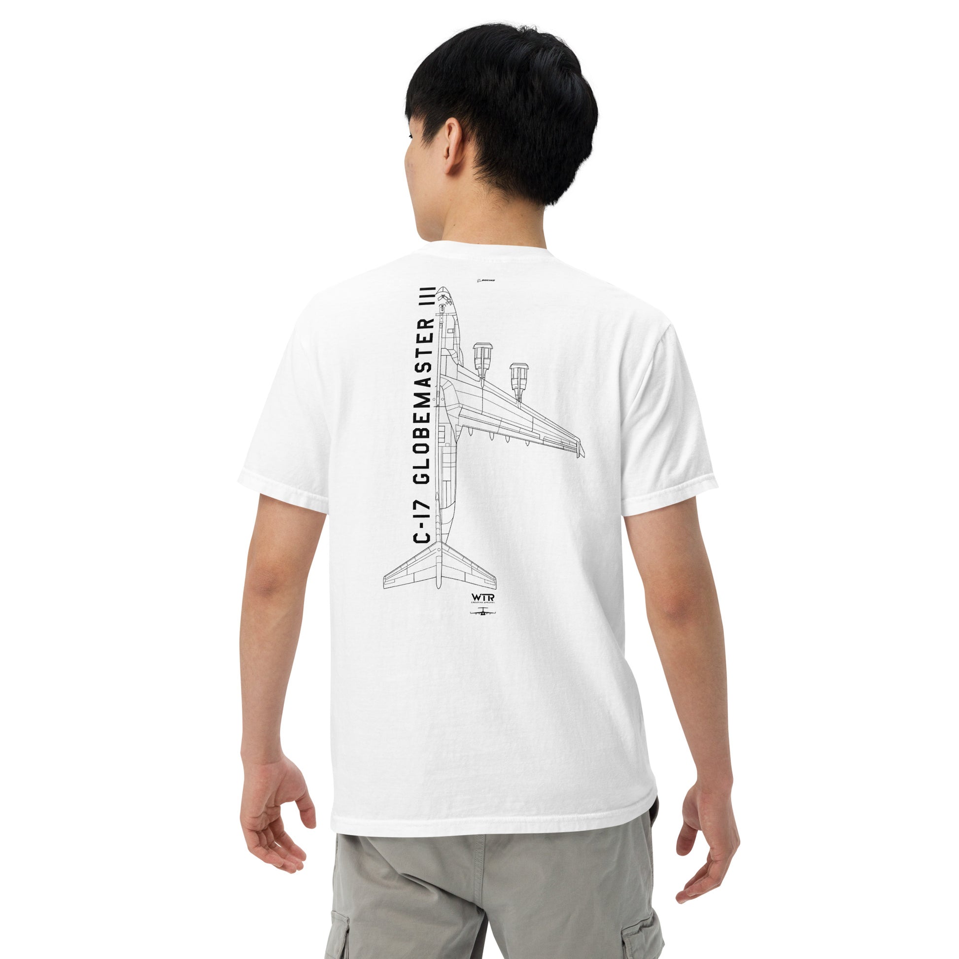 Hand-drawn schematic of the BOEING C-17 GLOBEMASTER III printed on a standard T-shirt.