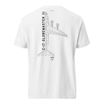 Hand-drawn schematic of the BOEING C-17 GLOBEMASTER III printed on a standard T-shirt.
