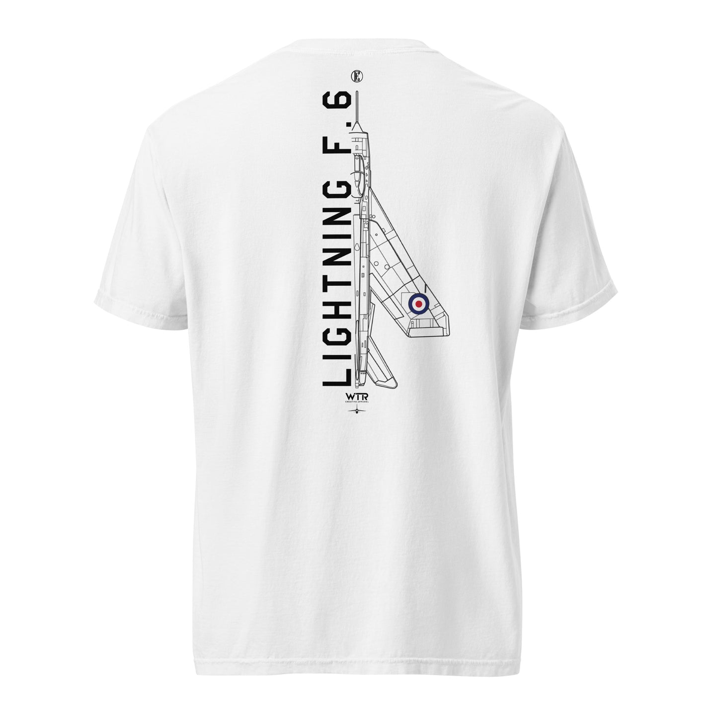 ENGLISH ELECTRIC LIGHTNING F.6 — hand-drawn interceptor artwork printed on standard T-shirt.
