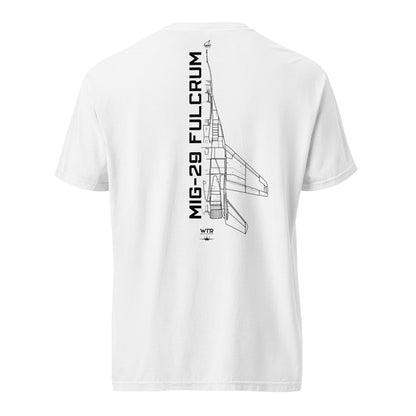 MIKOYAN MIG-29 FULCRUM — hand-drawn AIR SUPERIORITY schematic artwork printed on standard T-shirt.
