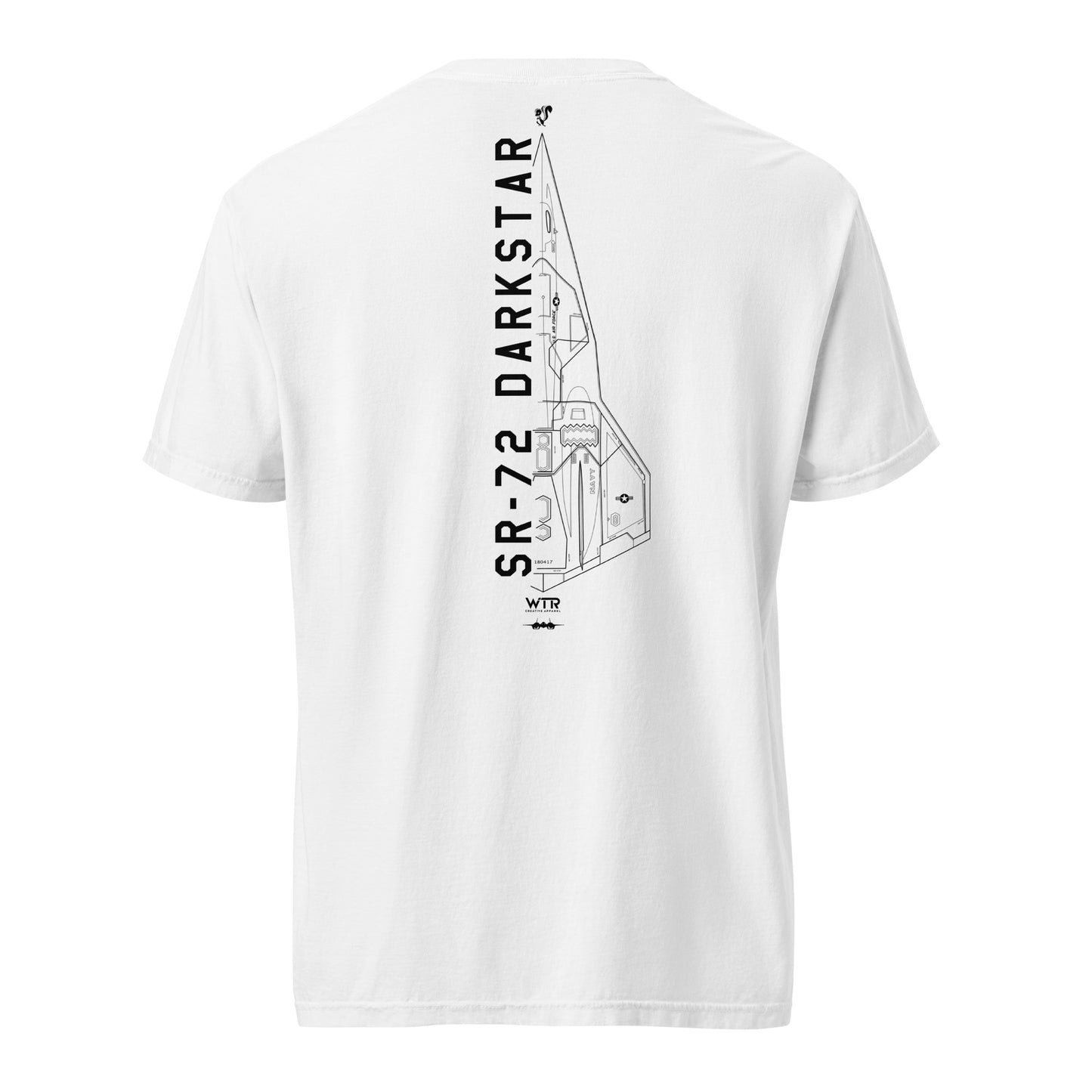 Hand-drawn schematic of the LOCKHEED MARTIN SKUNK WORKS SR-72 DARKSTAR printed on a standard T-shirt.