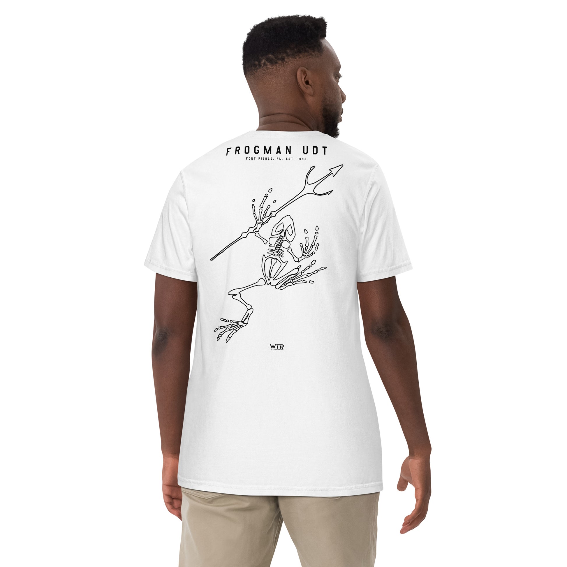 Hand-drawn schematic of the US NAVY UNDERWATER DEMOLITION TEAM UDT printed on a standard T-shirt.