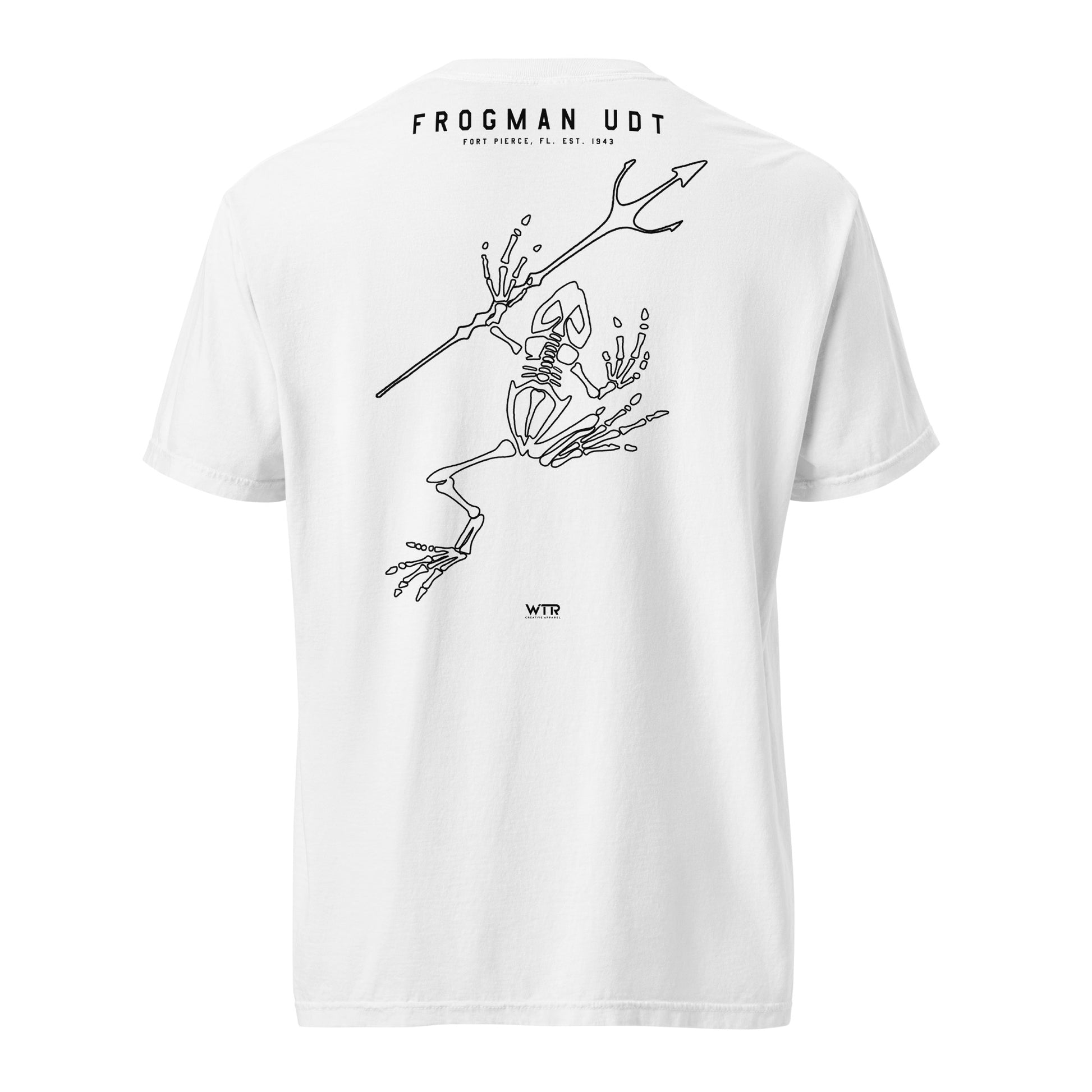 Hand-drawn schematic of the US NAVY UNDERWATER DEMOLITION TEAM UDT printed on a standard T-shirt.