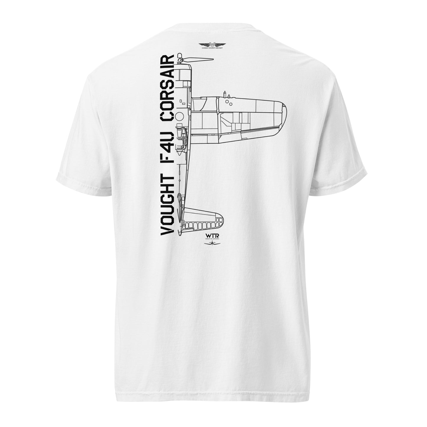 VOUGHT F4U CORSAIR - US NAVY WWII PACIFIC THEATRE FIGHTER — hand-drawn artwork printed on standard T-shirt; US Navy, Pacific Theatre.