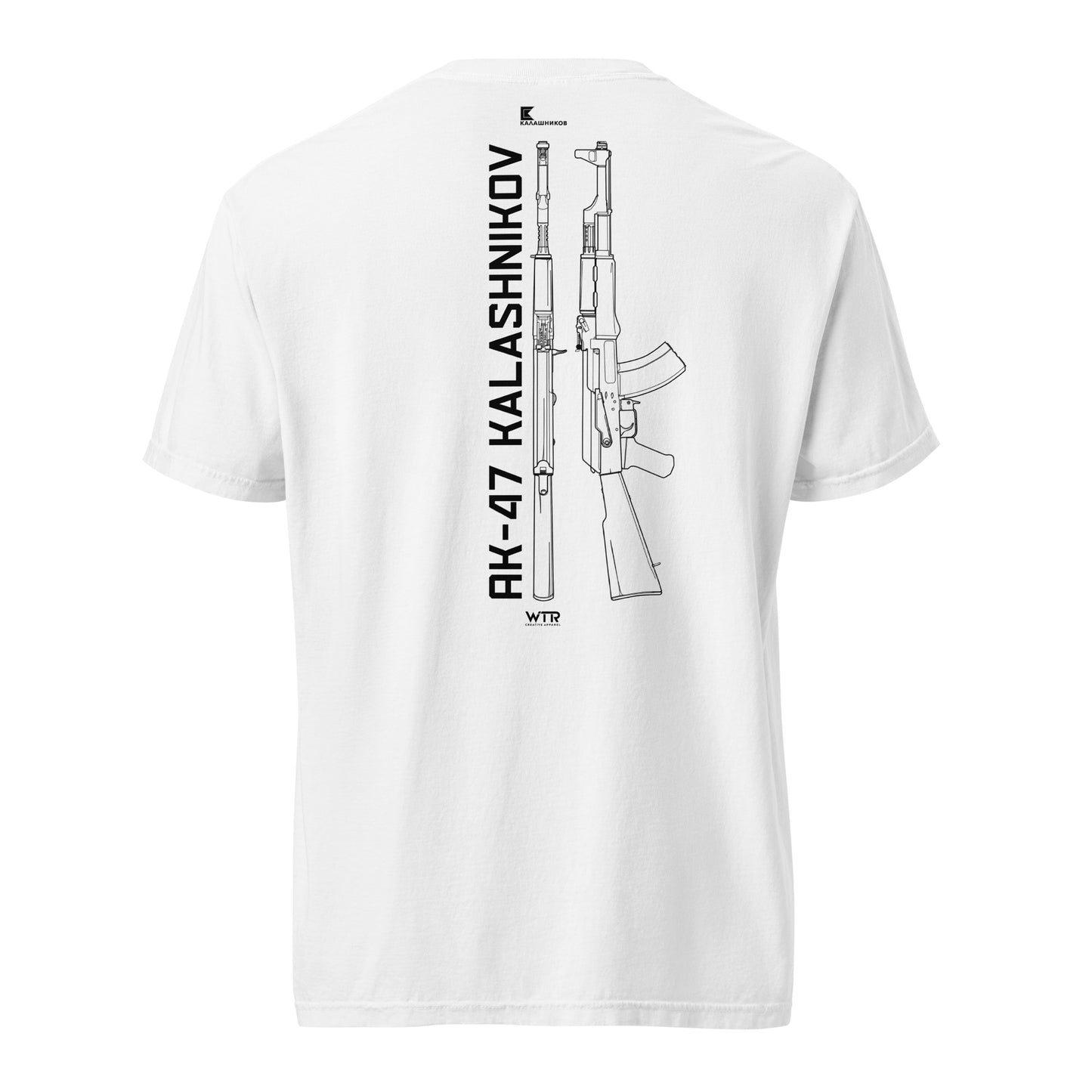 Hand-drawn schematic of the AK-47 KALASHNIKOV RIFLE printed on a standard T-shirt.