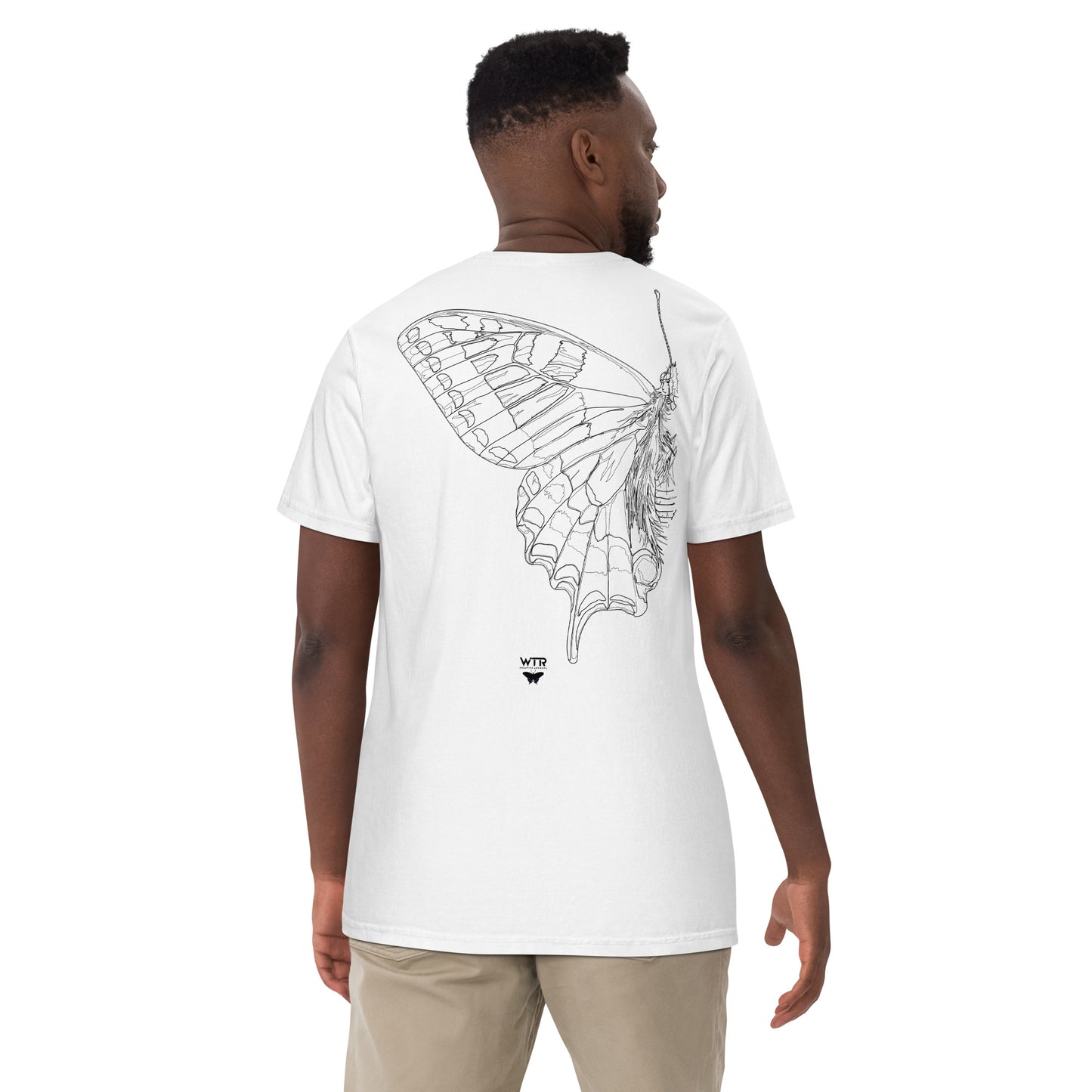 Hand-drawn schematic of the PAPILIO MACHAON OLD WORLD SWALLOWTAIL BUTTERFLY printed on a standard T-shirt.