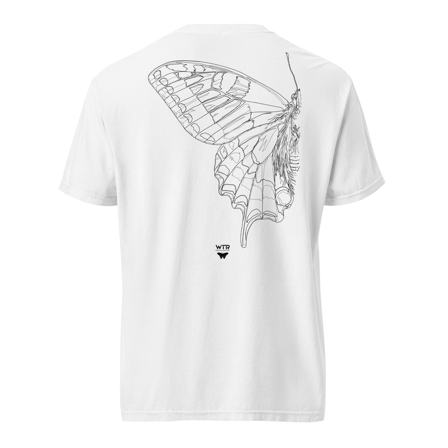 Hand-drawn schematic of the PAPILIO MACHAON OLD WORLD SWALLOWTAIL BUTTERFLY printed on a standard T-shirt.