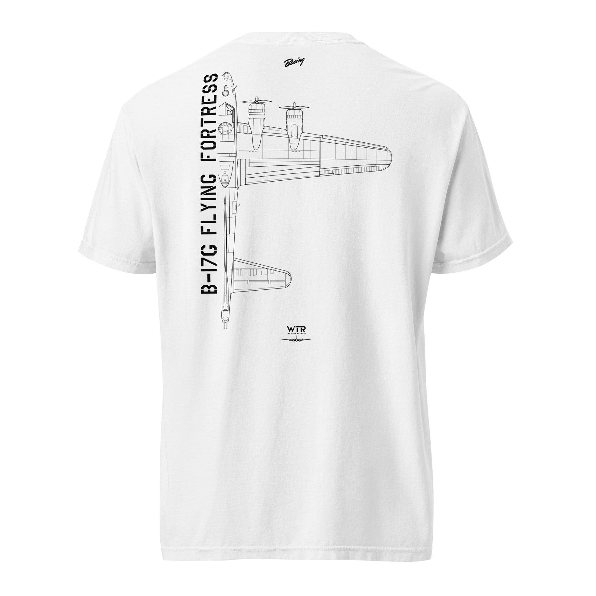 Hand-drawn schematic of the BOEING B-17G FLYING FORTRESS printed on a standard T-shirt.