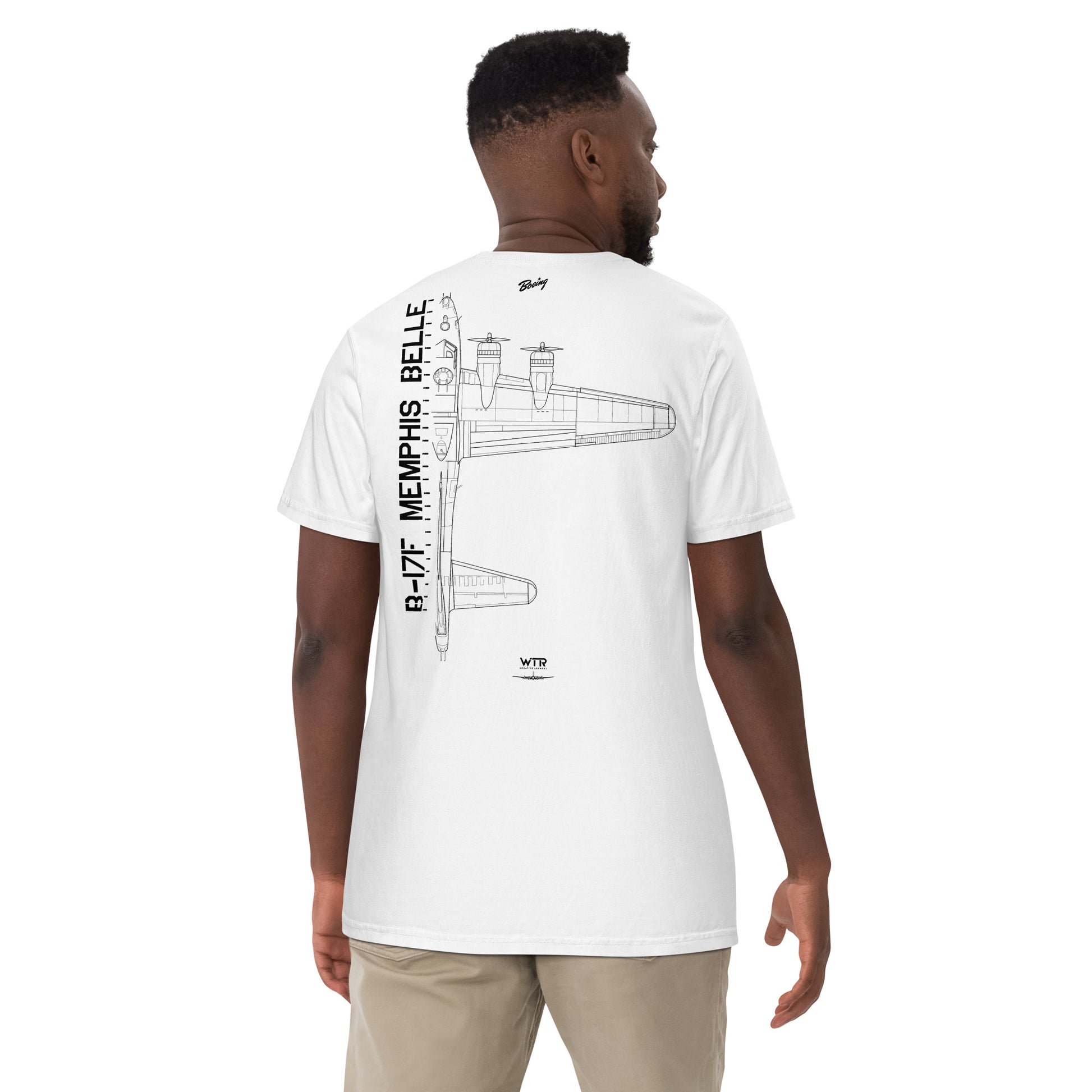 Hand-drawn schematic of the BOEING B-17F FLYING FORTRESS - Memphis Belle Edition printed on a standard T-shirt.