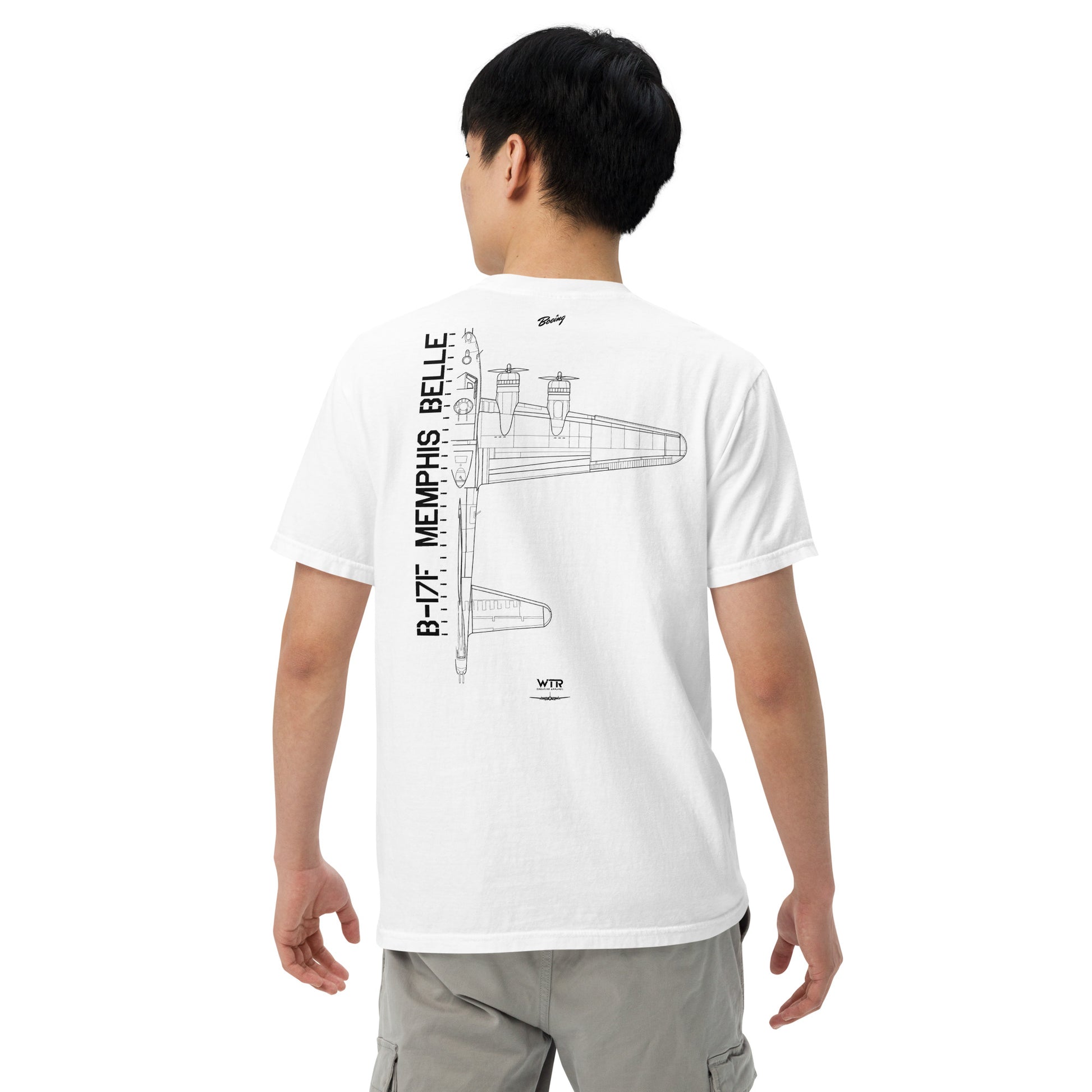 Hand-drawn schematic of the BOEING B-17F FLYING FORTRESS - Memphis Belle Edition printed on a standard T-shirt.