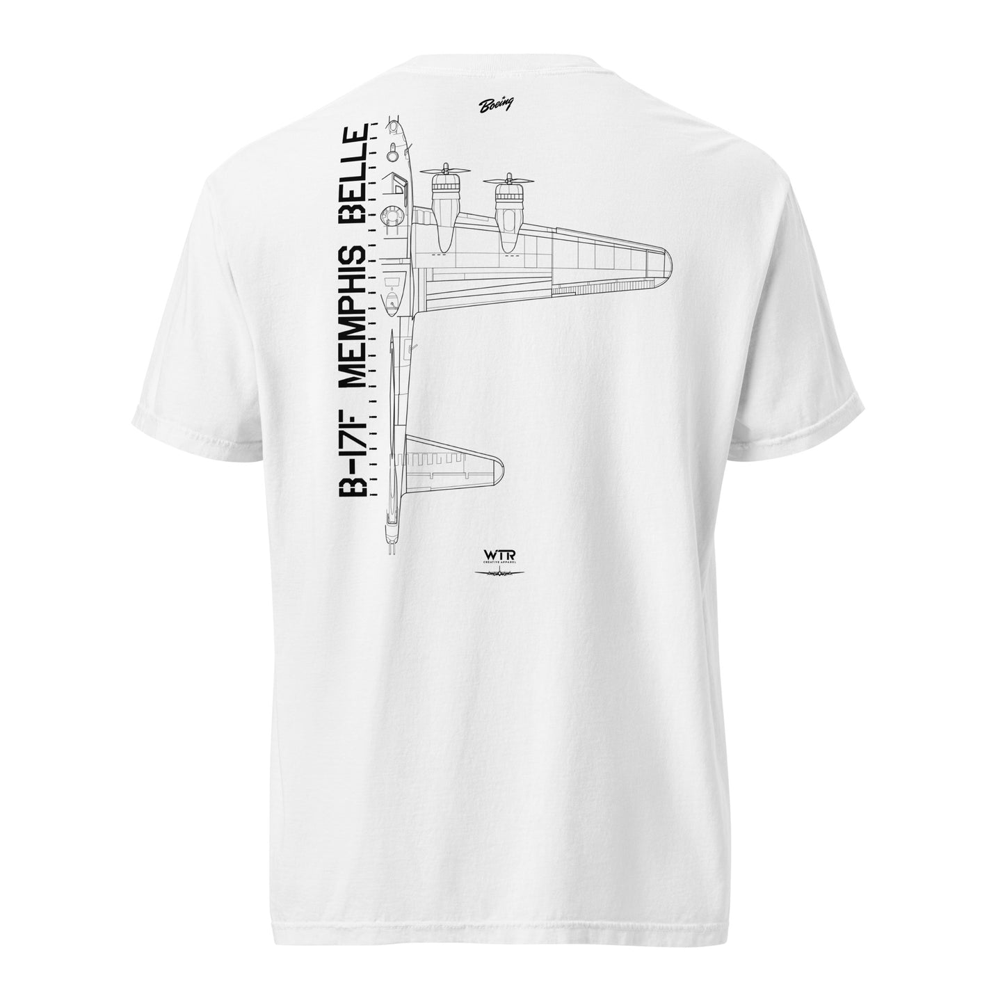 Hand-drawn schematic of the BOEING B-17F FLYING FORTRESS - Memphis Belle Edition printed on a standard T-shirt.