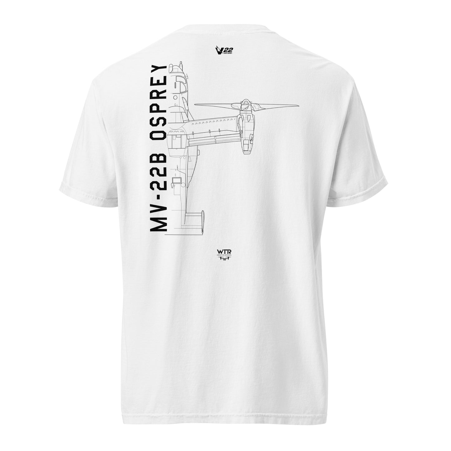 Hand-drawn schematic of the BELL BOEING MV-22 OSPREY printed on a standard T-shirt.