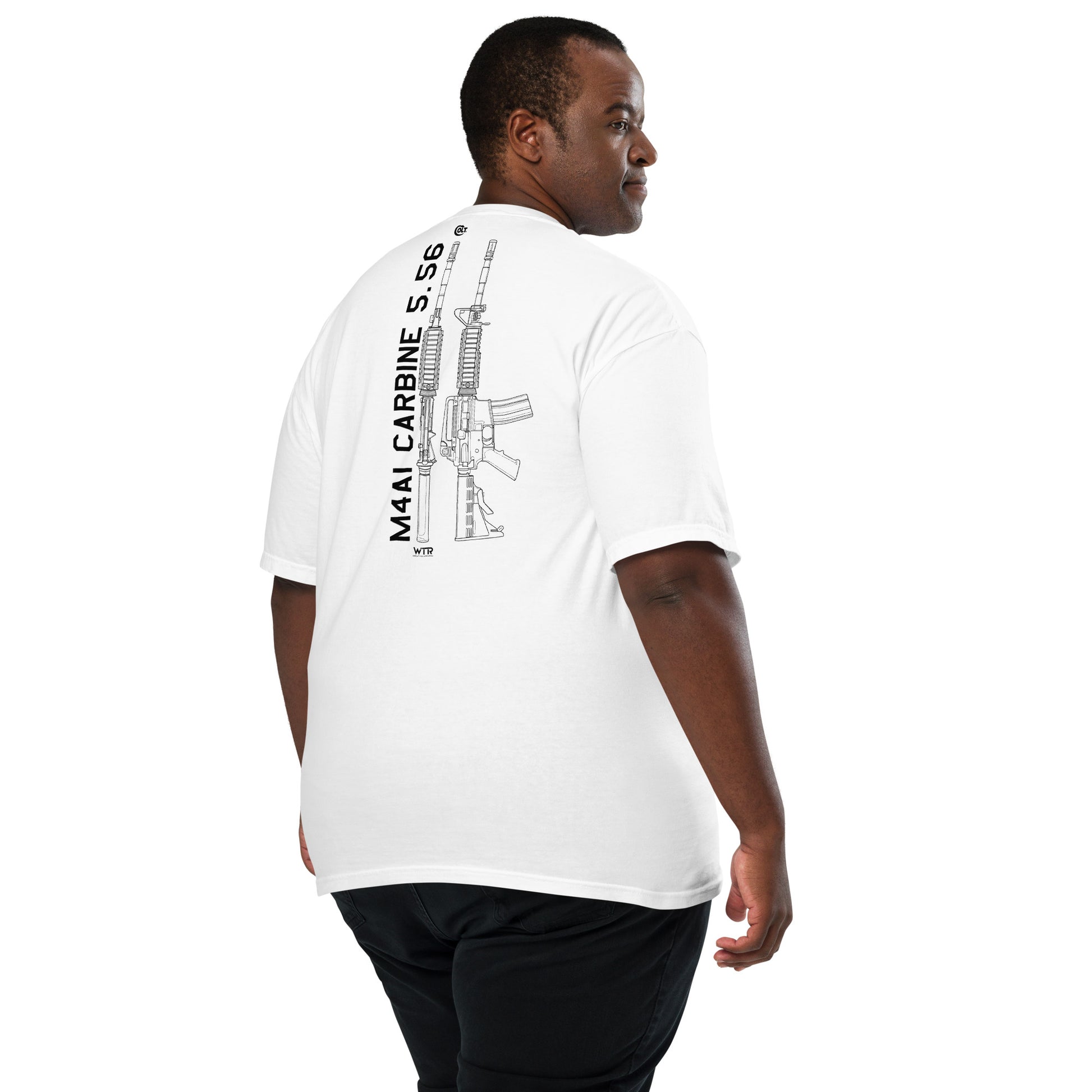 Hand-drawn technical schematic of the Colt M4A1 US Infantry battle rifle printed on a standard t-shirt.
