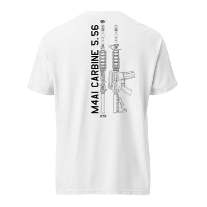 Hand-drawn technical schematic of the Colt M4A1 US Infantry battle rifle printed on a standard t-shirt.