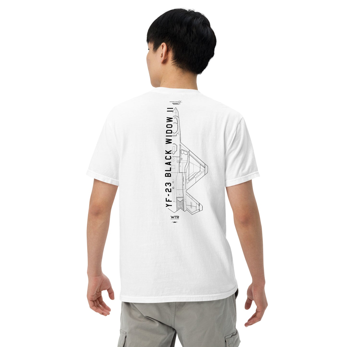 Hand-drawn schematic of the Northrop YF-23 Black Widow II stealth prototype fighter printed on a standard t-shirt.