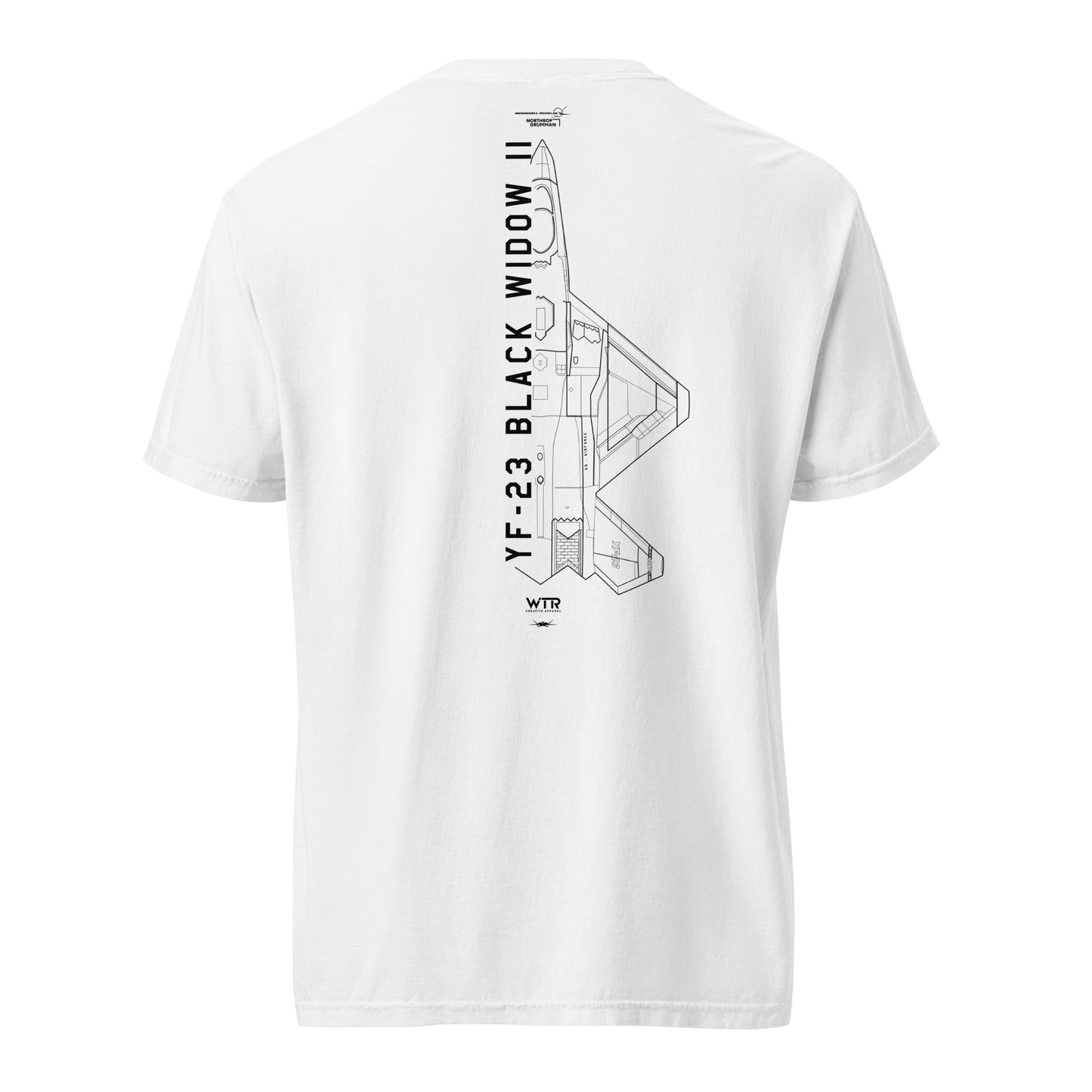 Hand-drawn schematic of the Northrop YF-23 Black Widow II stealth prototype fighter printed on a standard t-shirt.