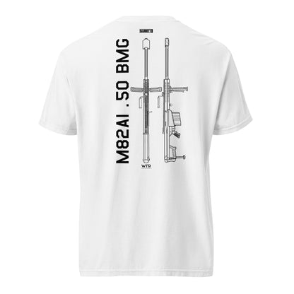Hand-drawn schematic of the BARRETT M82A1.50 BMG printed on a standard T-shirt.