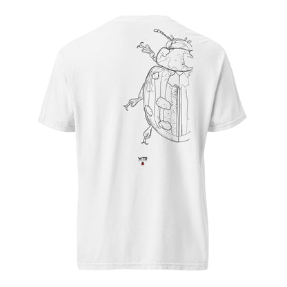 Hand-drawn schematic of the COCCINELLA SEPTEMPUNCTATA LADYBIRD printed on a standard T-shirt.