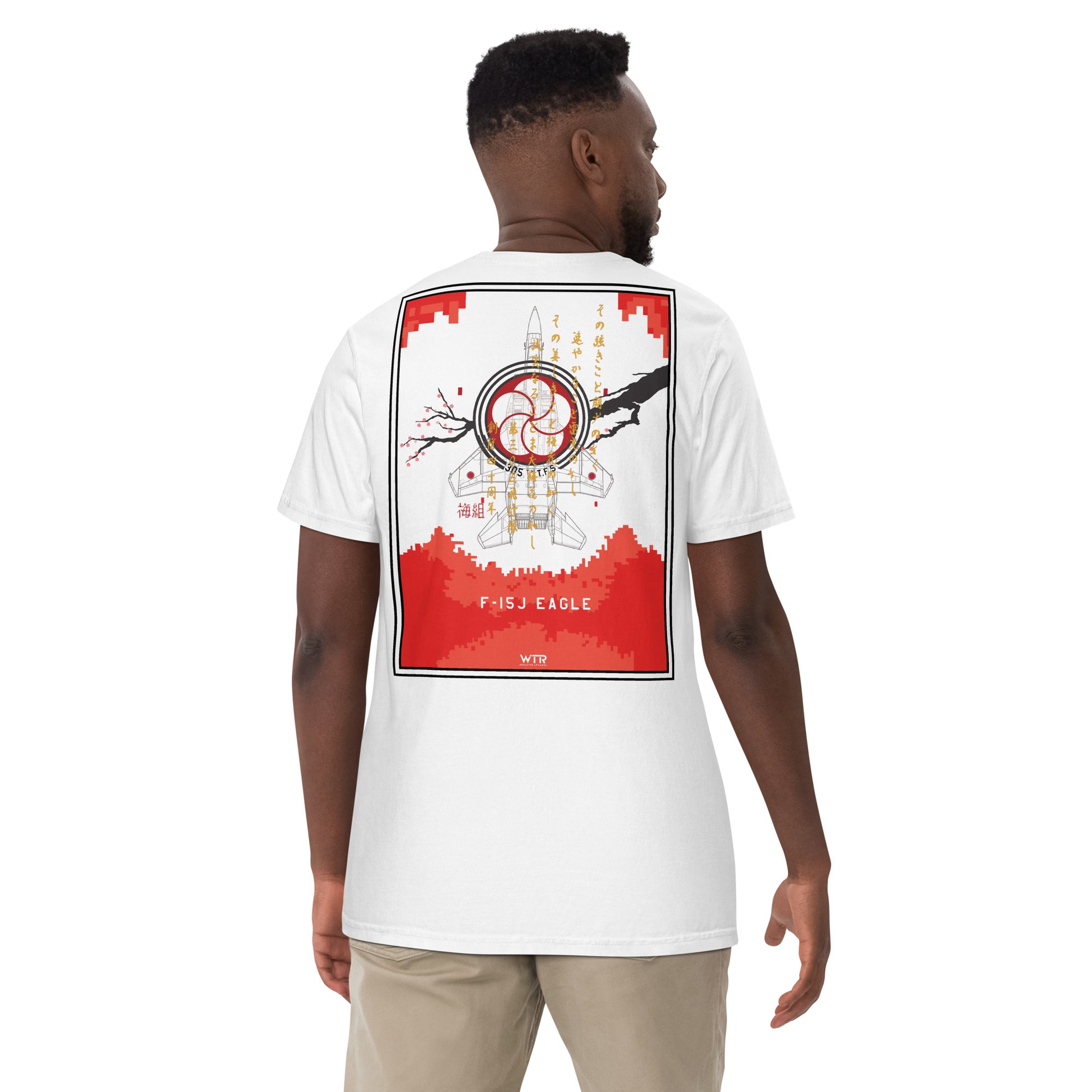 Hand-drawn schematic of the MITSUBISHI F-15J 305TH TACTICAL FIGHTER SQUADRON 40 YEARS printed on a standard T-shirt.