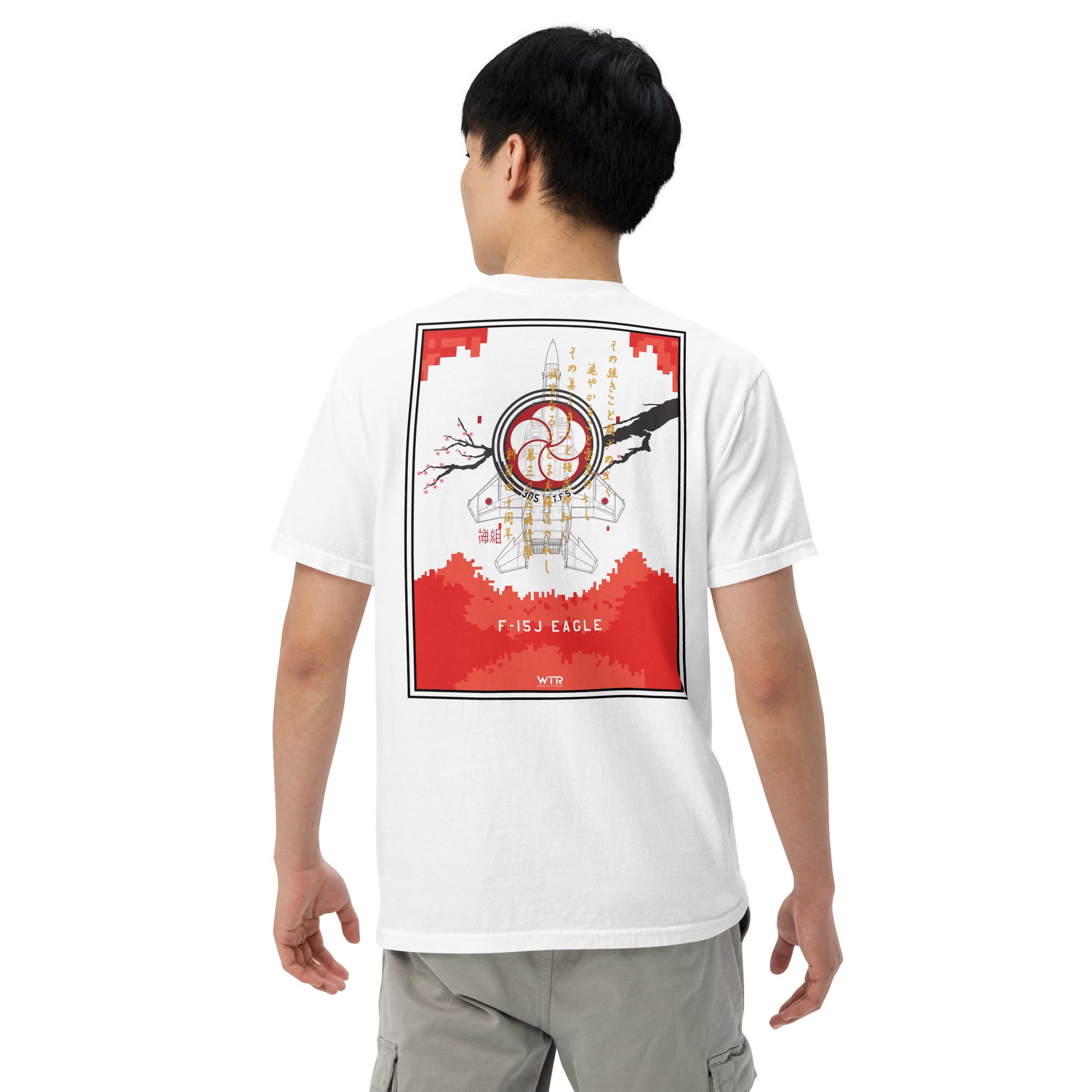 Hand-drawn schematic of the MITSUBISHI F-15J 305TH TACTICAL FIGHTER SQUADRON 40 YEARS printed on a standard T-shirt.