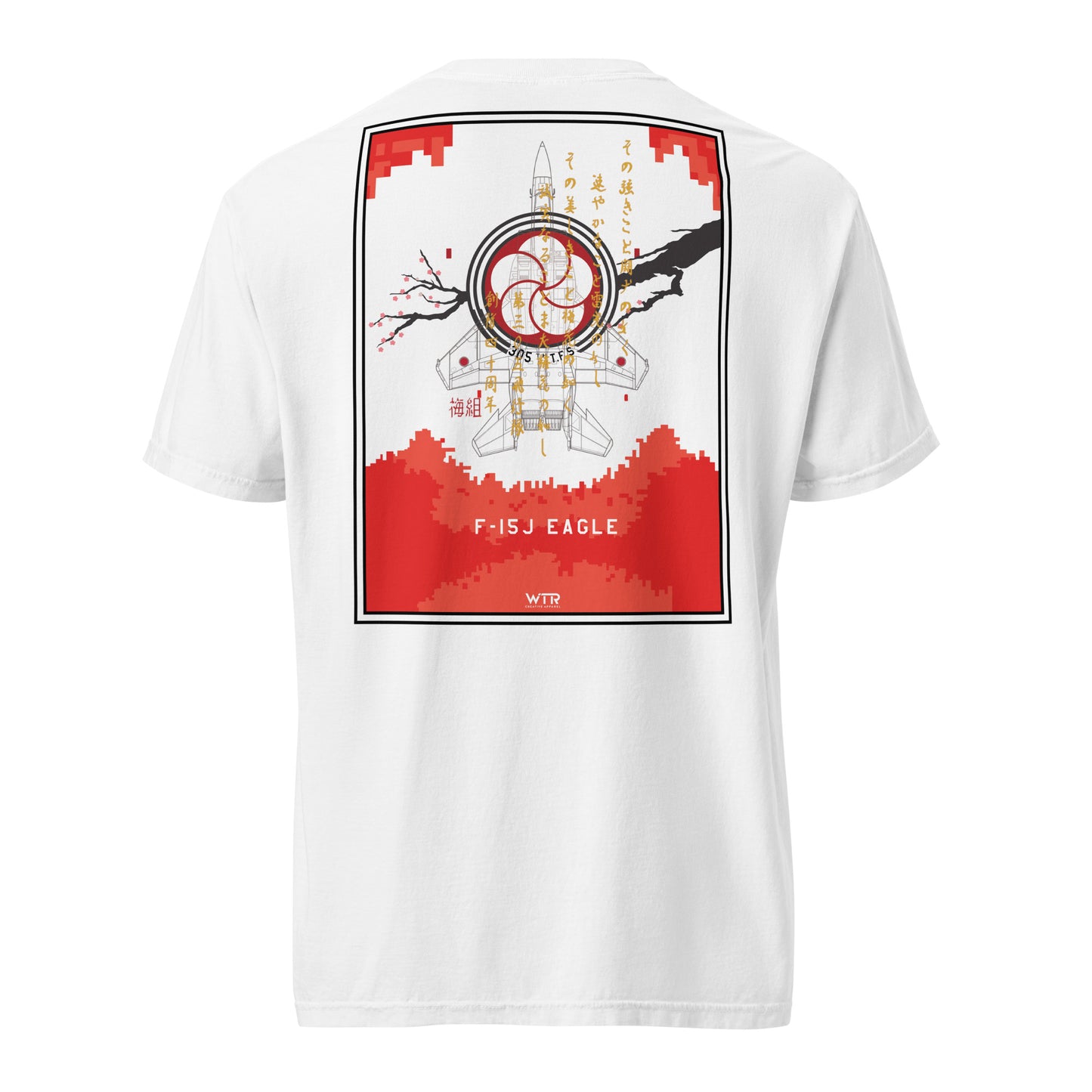 Hand-drawn schematic of the MITSUBISHI F-15J 305TH TACTICAL FIGHTER SQUADRON 40 YEARS printed on a standard T-shirt.